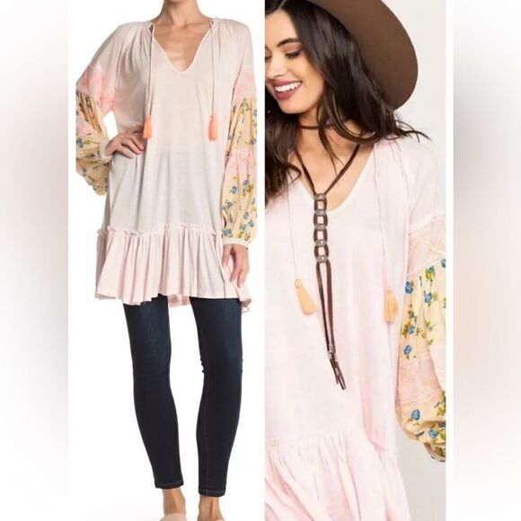 Free People Mix It Up Pink Floral Beaded Tunic Top. Size XS. - Picture 2 of 12